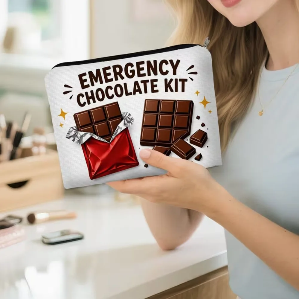 Emergency Chocolate Kit Canvas Zipper Pouch Funny Chocolate Print Makeup Bag Travel Storage Pouch Gift for Chocolate Lovers
