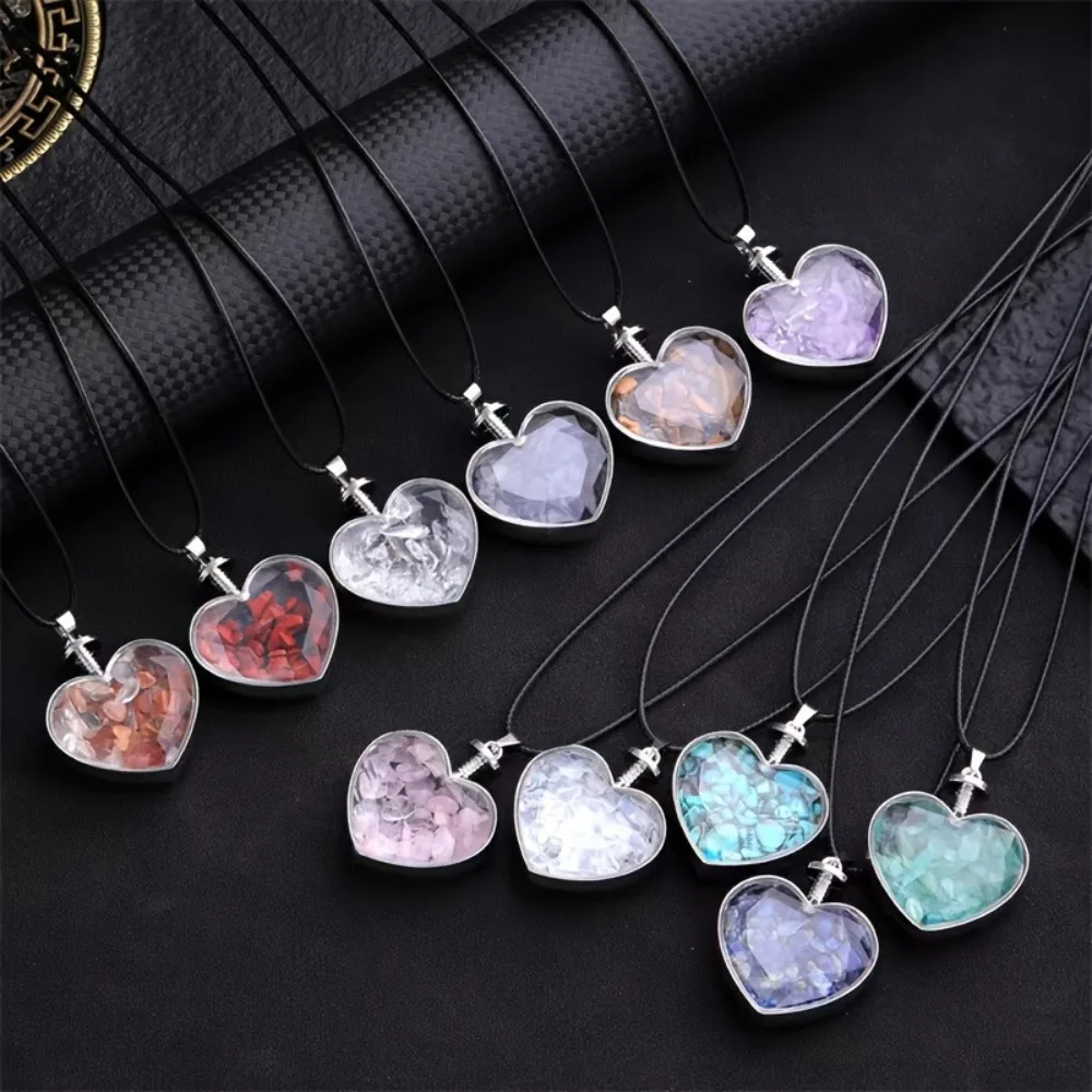 

Heart-shaped Wish Bottle Pendant, Natural Crystal Rough Stones Polished, Garnet and Rose Quartz Heart Shape Leather Cord