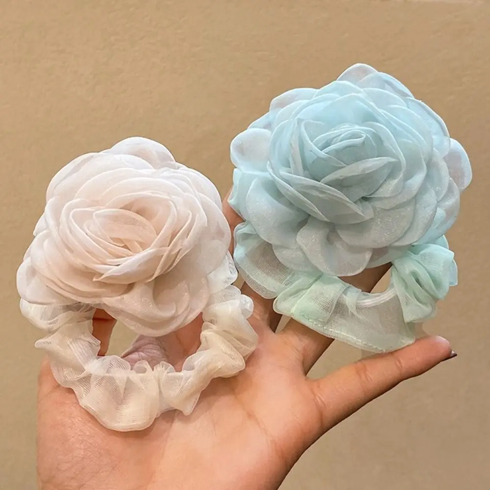 

Hair Tie Mesh Flower Hair Band Camellia Flower Ponytail Holder Rose Hair Rope French Seaside Vacation Headwear Elastic Hair Band