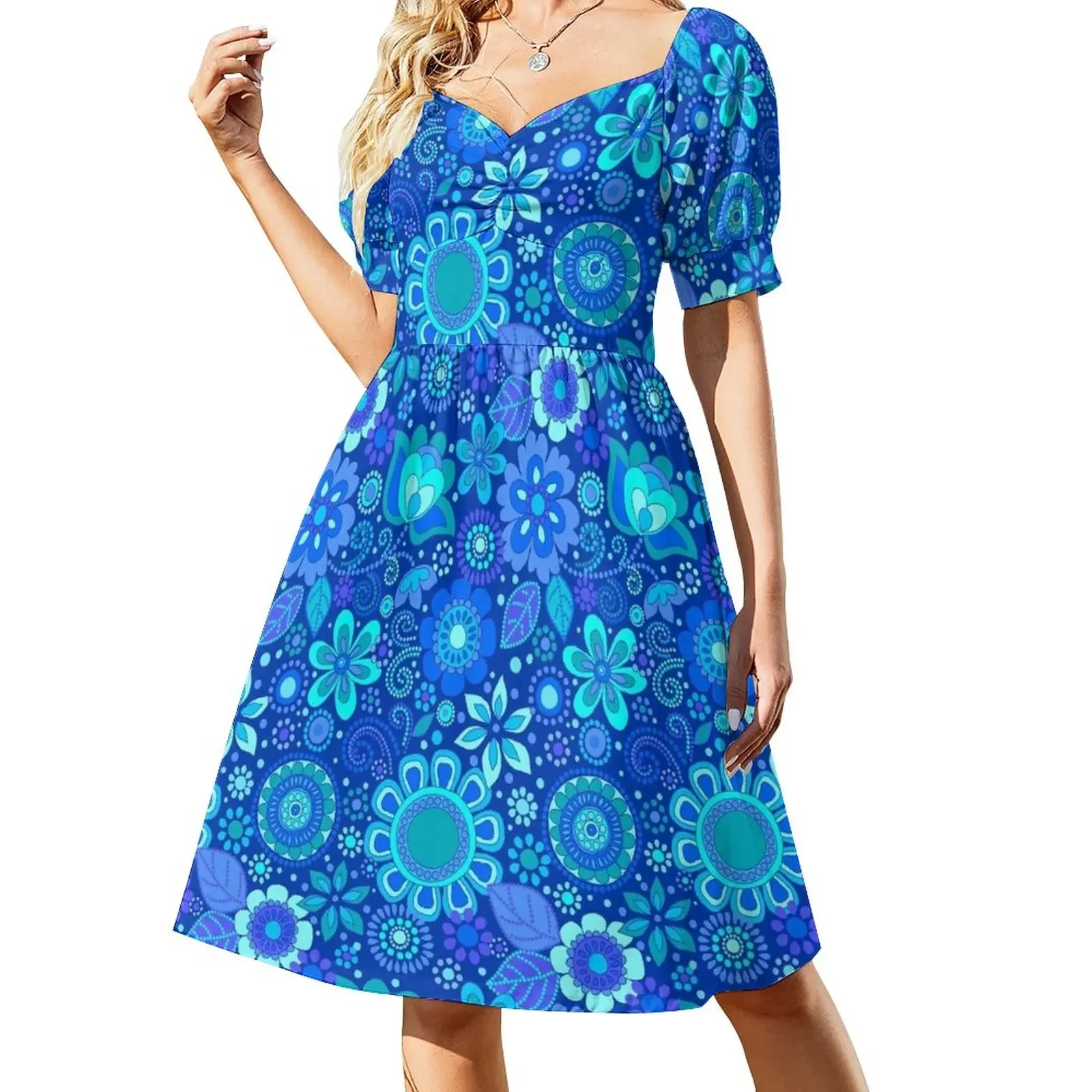 

133 Groovy Flower Dots blue & turquoise Short-Sleeved Dress summer outfits for women 2025 Women's dresses Beachwear