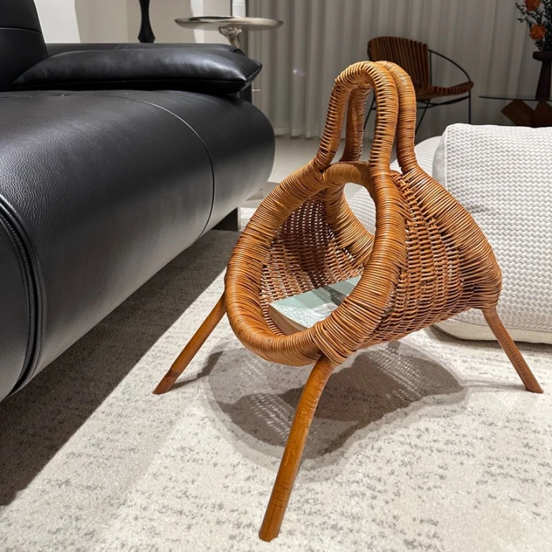 

Natural Rattan Magazine Rack Designer Storage Basket for Living Room Multipurpose Snack Holder Handwoven Newspaper Organizer