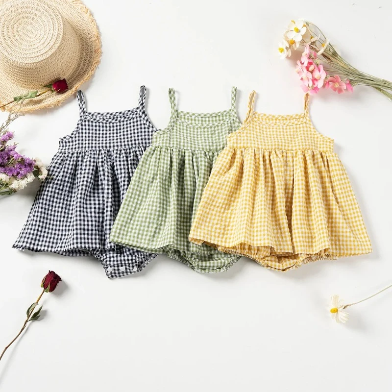 Baby Girls Plaid Romper Dress Summer Toddler Girl Cami Onesies Sleeveless Cotton Dress Baby Girl Clothes