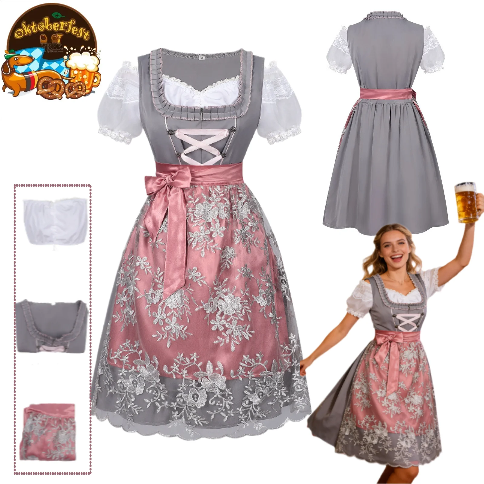 

Vintage Square Neck Tie Waist Dress Set with Maid Beer Style ElementsPrinted Pink Cute and Elegant Women's Dress Banquet Gown