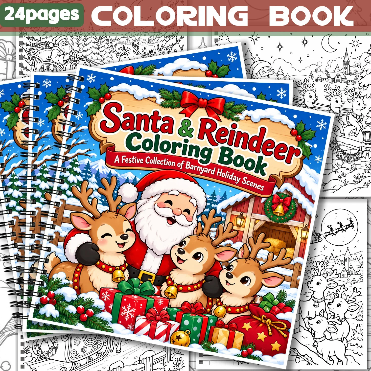 Spiral Bound Santa & Reindeer Coloring Book Festive Barnyard Holiday Scenes With Gifts And Snow, 24Sheets Showcasing Creativity