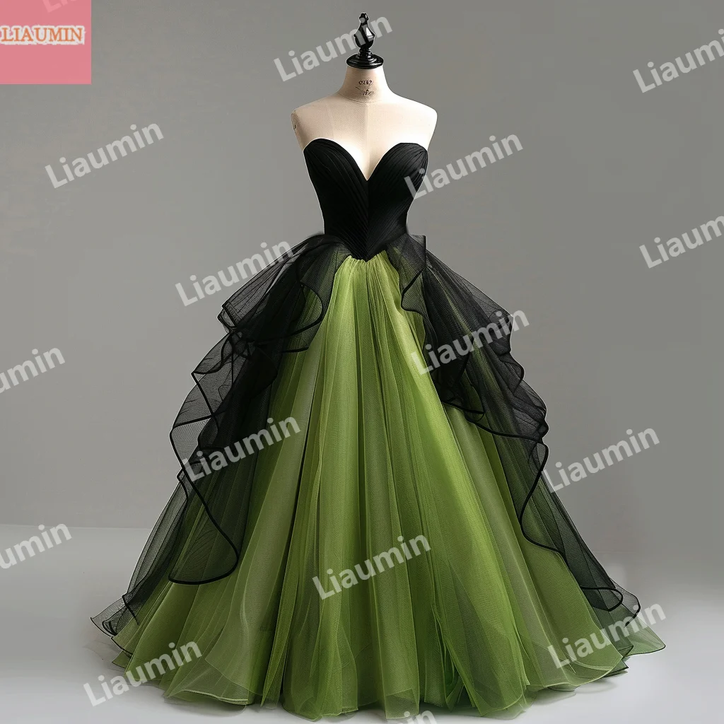 Custom Made Green Black Tulle Pleat A Line Full Length V Neck Prom Dress Lace Up Back Evening Formal Party Clothing W15-53.10