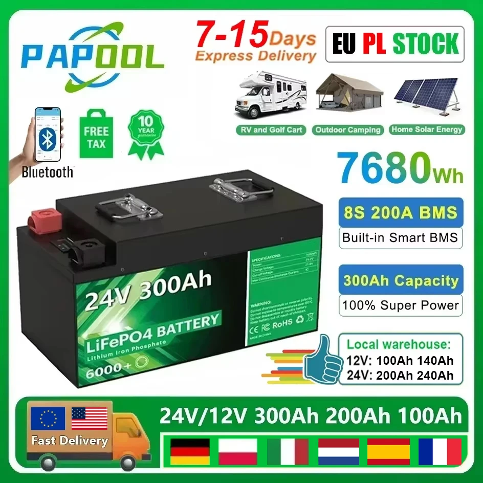 LiFePO4 24V 300Ah 200Ah 100Ah 140Ah 12V 48V Lithium-Batterie Bluetooth Klasse A 6000 Zyklus für