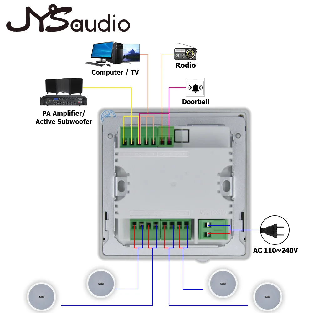 Smart Home Lettore musicale audio Bluetooth Schermo da 4 pollici Musica di sottofondo Amplificatore da parete 4 canali con altoparlante da soffitto da 20 Watt
