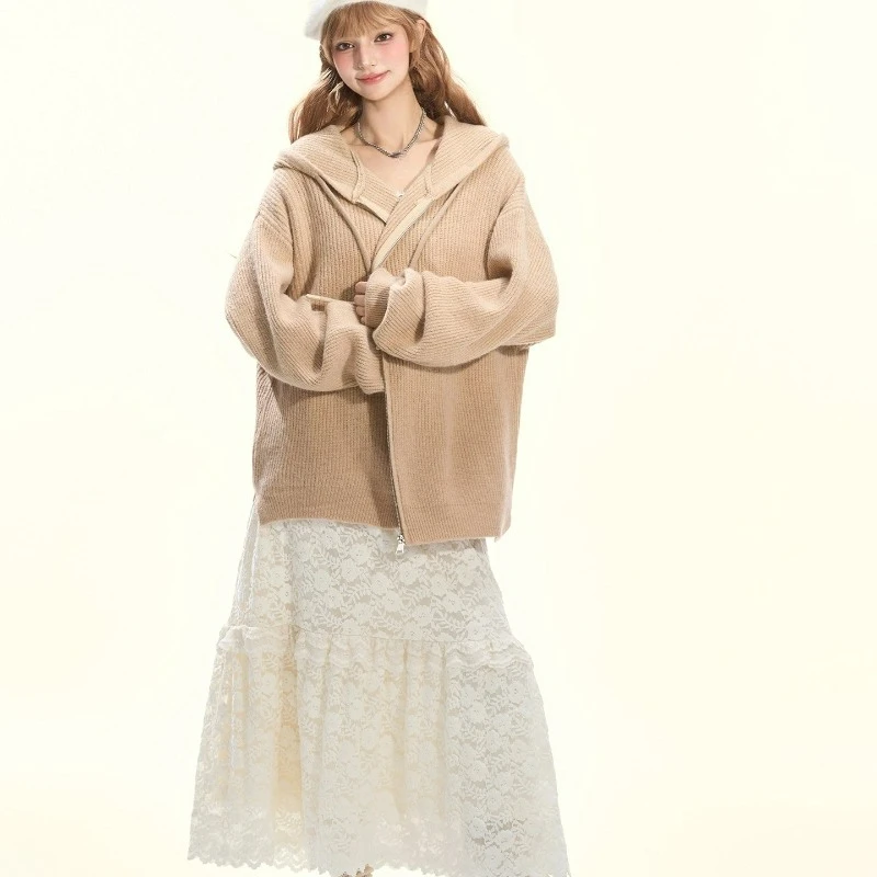 Maglione lavorato a maglia da donna con cerniera con cappuccio kaki dal design retrò coreano 2025 Autunno Nuovo pantaloni lunghi a gamba larga dimagranti allentati Set da donna