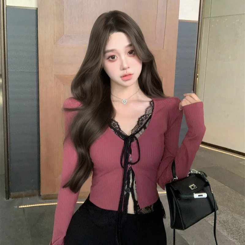 

Ele Lace Trim T-irt Women's Slim Fit Base irt Spring Autumn New Sle Knitted Fabric Long Sve ort Length Pure Color