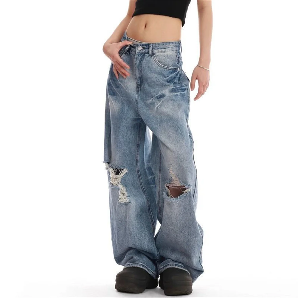 

Рваные винтажные синие джинсы с высокой талией, осень 2024, американская уличная одежда в стиле ретро, Y2K, широкие брюки 2000-х годов, мешковатые джинсовые брюки