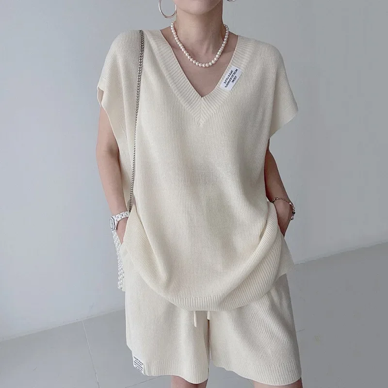 Womens Knitted Shorts Home Suit Sweet V-neck Short Sleeve Pullover Sweater+drawstring Wide Leg Shorts 2 Piece Sets Loose Pijamas