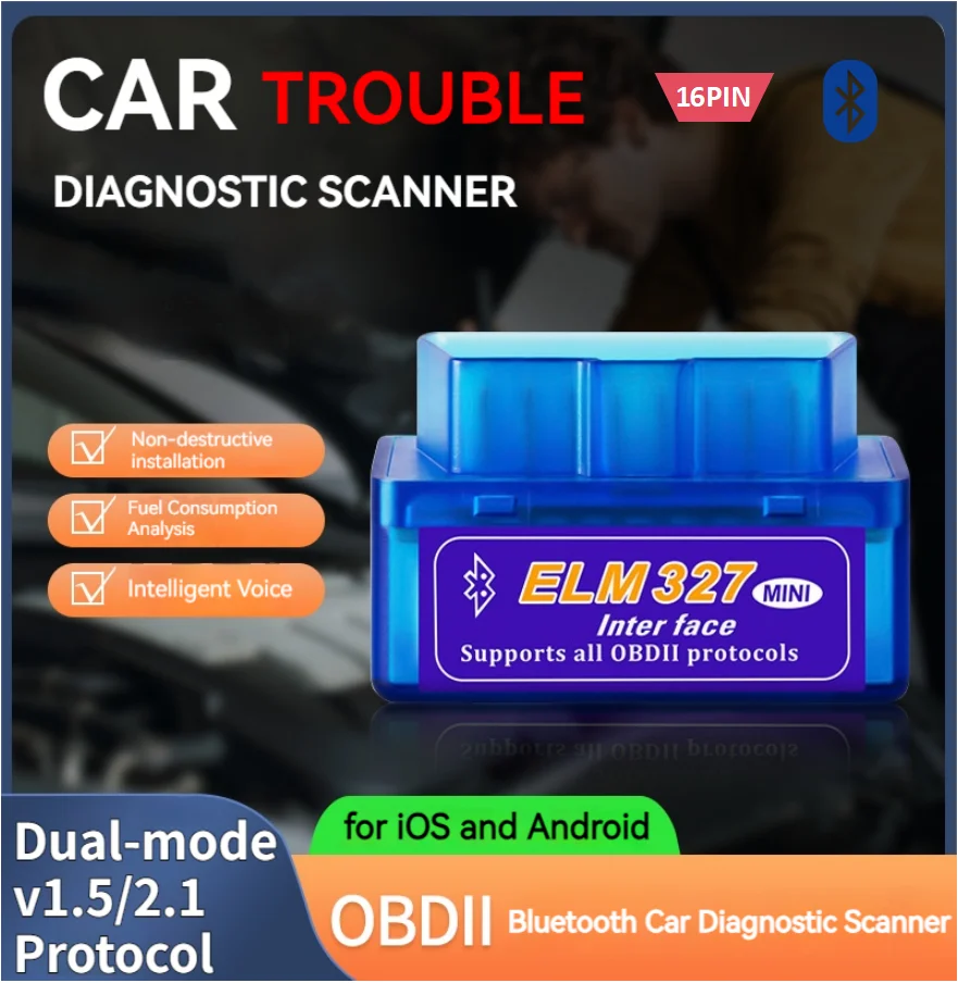 

16-контактный интерфейс V2.1/V1.5 ELM327 OBD2 Мини-считыватель кодов Диагностический инструмент Bluetooth Автомобильный сканер для Android iPhone OBDII OBD 2