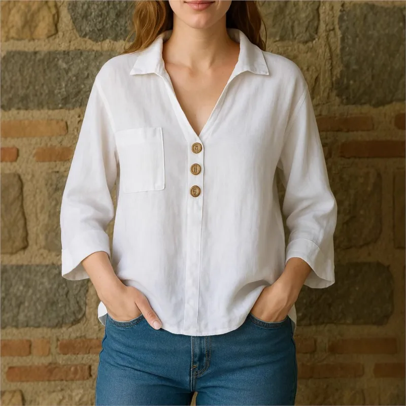 

Casual Comfort Women's Lapel Shirt Summer Fashion Solid Loose Nine Quarter Sleeve Top With Pocket Ladies Versatile Work Blouses