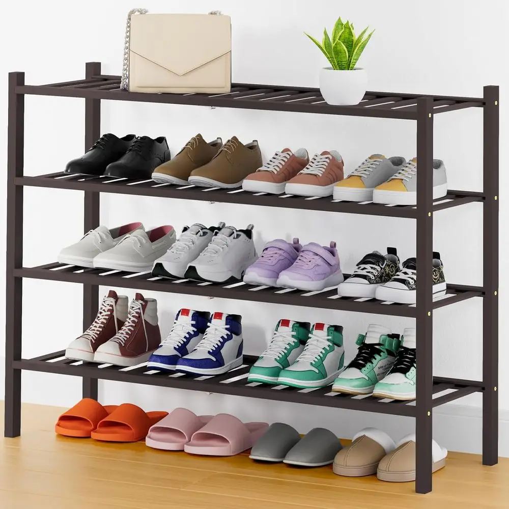 

4-Tier Bamboo Shoe Organizer - Stackable Wooden Storage Shelf for Closets, Entryways, and Front Doors, Brown