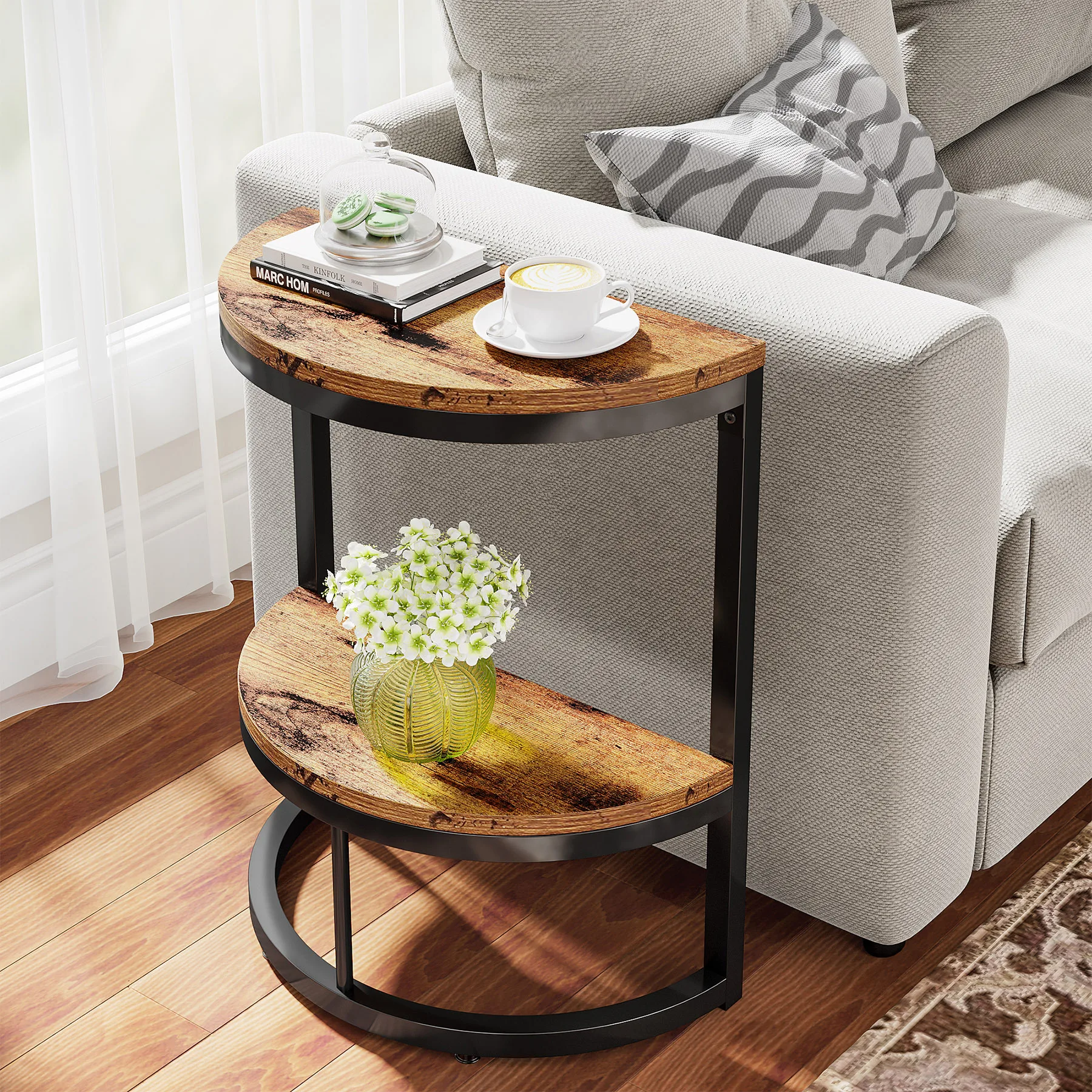 

wabi-**** wind side table retro and old semi-round small apartment living room against the wall light luxury sofa side bed and b