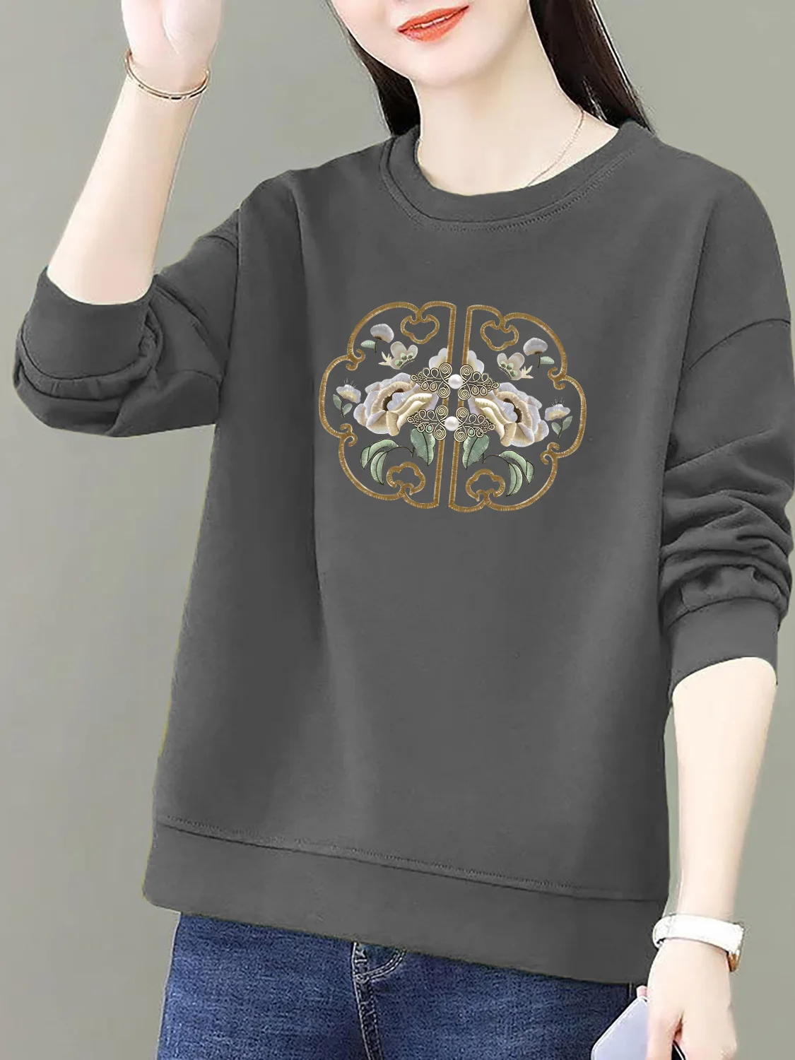 

Pure Cotton Long Sleeve Ladies Sweatshirt New Chinese Style Artistic Print Base Layer Shirt Gray Top for Autumn Winter