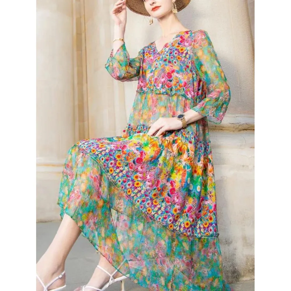 High Quali Summer 2024 Beach Boho Vintage Print Chiffon V Ne Dr Women's Faion Ele Casual Maxi Dr