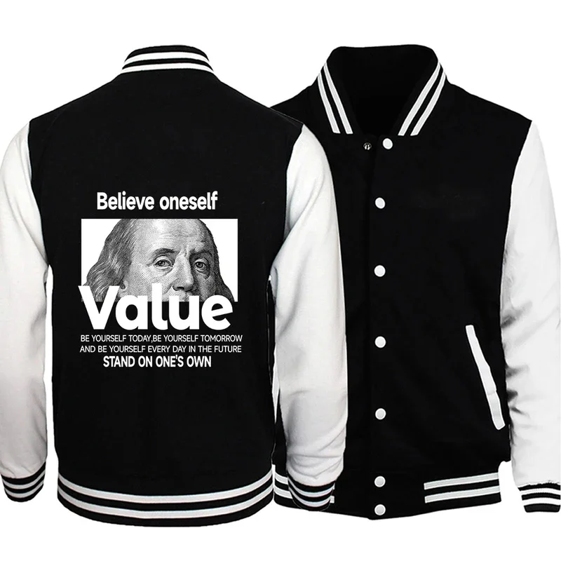 

Believe Oneself Value Stand On One'S Own Print Jacket Street Men Baseball Suit Spliced Fleece Coats Warm Comfortable Streetwear