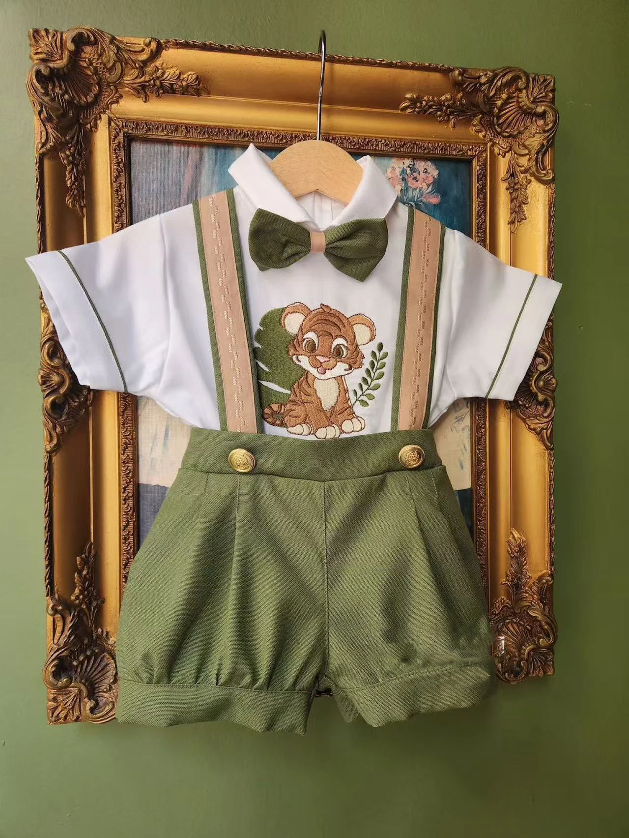 0-6Y Baby Boy Summer Green Tiger Embroidery Outfit Suit for Party Birthday Holiday Photography Christmas B389