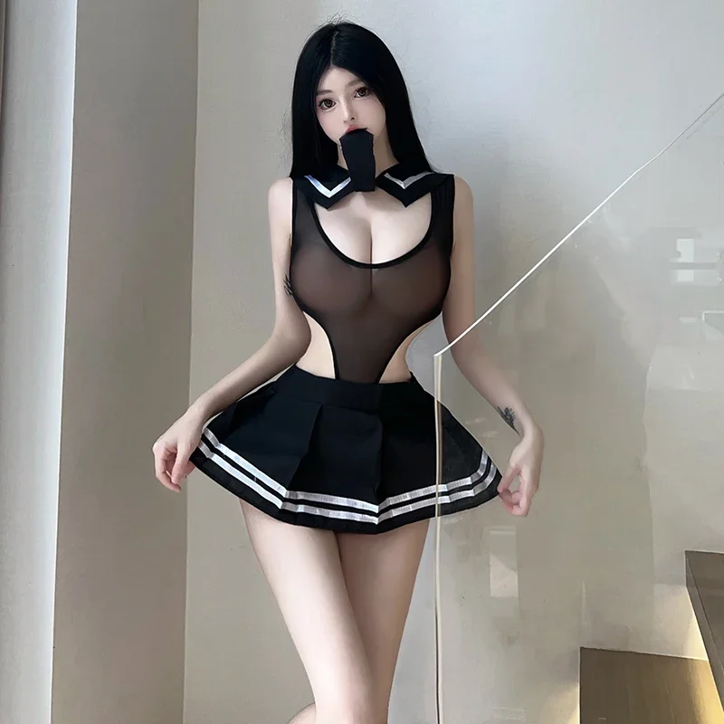 Disfraz de Cosplay de lencería Sexy para mujer, uniforme de colegiala JK, Body de malla transparente, falda, traje de corbata, conjunto de ropa para estudiantes, fiesta