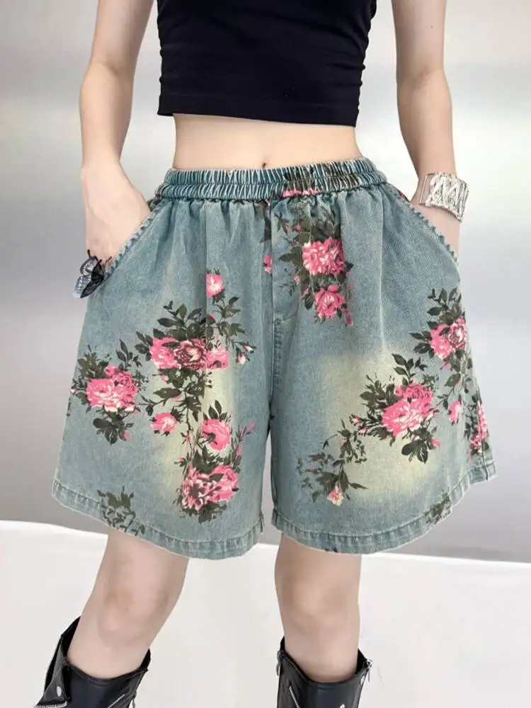 [EAM] Blue Denim Shirt Wide Leg Shorts Two Piece Suit New Lapel Short Sleeve Women Fashion Tide Spring Summer 2025 1DH6138