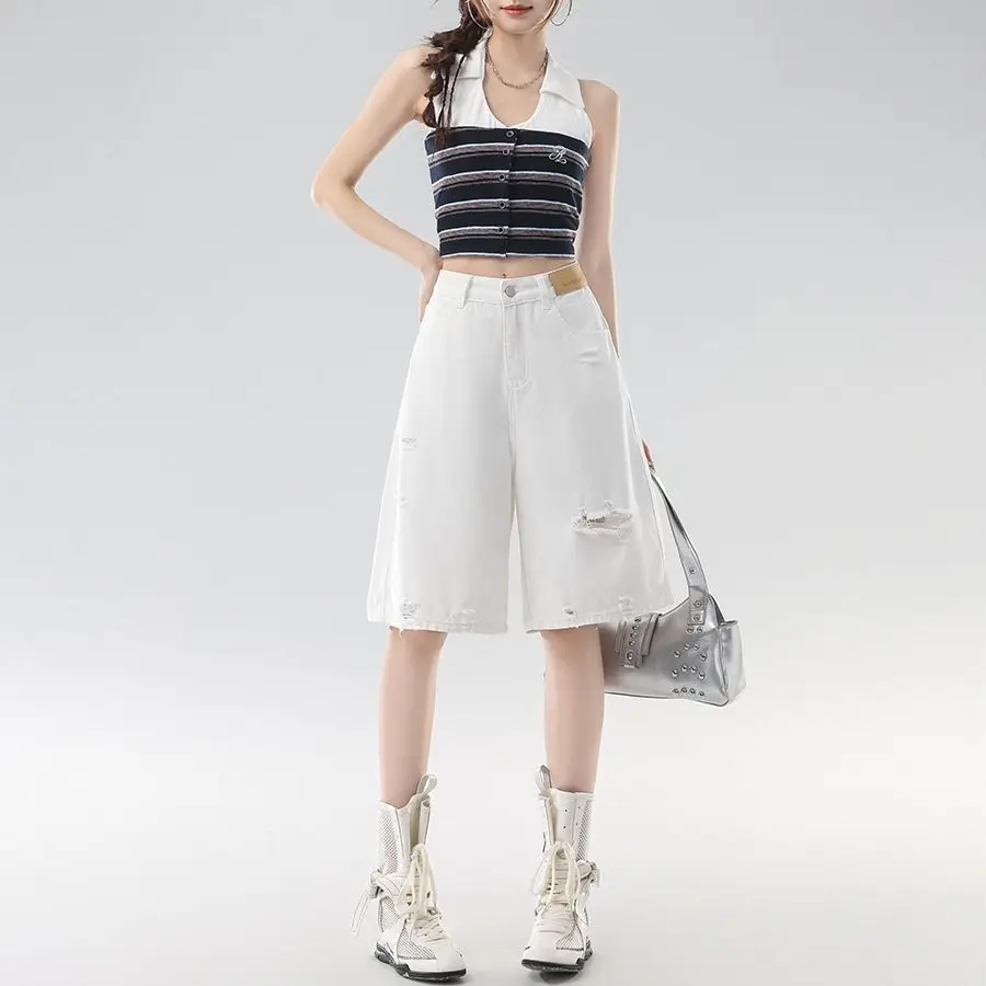 Women's Summer Thin White Distressed Wide Leg Denim Bermuda Shorts, High Waist Loose Straight Design Casual Outerwear Shorts