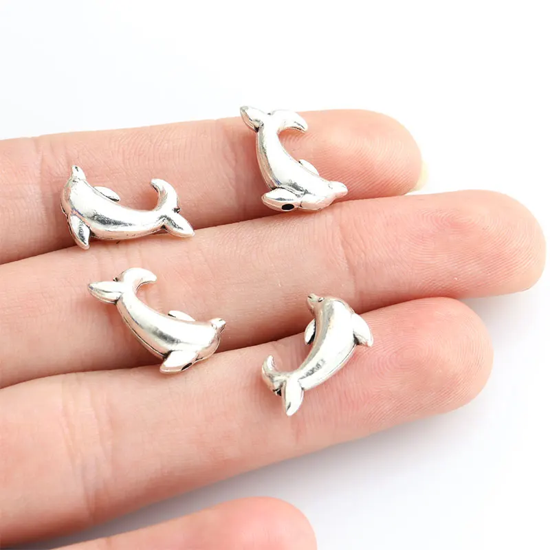 20pcs Cute Dolphin Antique Silver Color Alloy Beads 0.7mm Small Hole Animal Metal Bead DIY Jewelry Bracelet Necklace Accessories