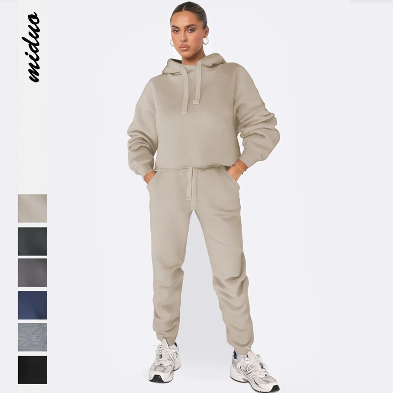 Spring Autumn Women\'s Clothing Set Female Solid Color O-neck Hooded Pullover+ Elastic Drawstring Pants Tracksuit For Women