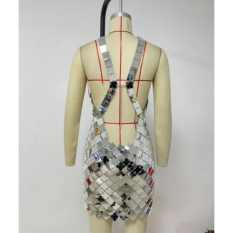 Gouden rok dames zilver sexy mouwloze backless halter mini-jurk voor avondfeest vierkante schijf maliënkolder Halloween