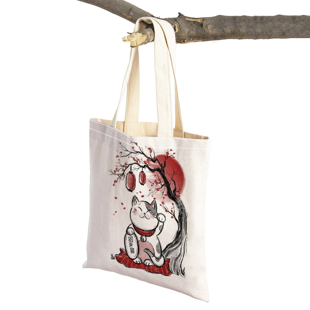 Tokyo Landscape Cartoon Lucky Cat Child Shopping Bags Girl Double Print Reusable Canvas Shopper Bag Jesus God Lady Handbag Tote