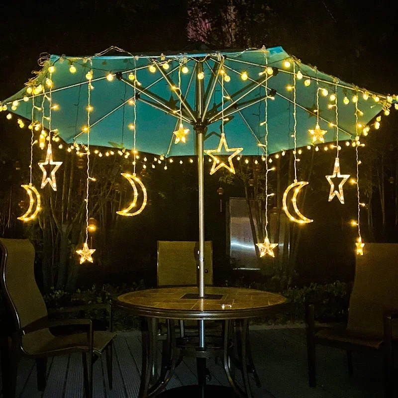 Solar Powered LED Icicle Star Moon Lamp Fairy Curtain String Lights Garland Christmas Decor for Home Wedding Party Window Decor