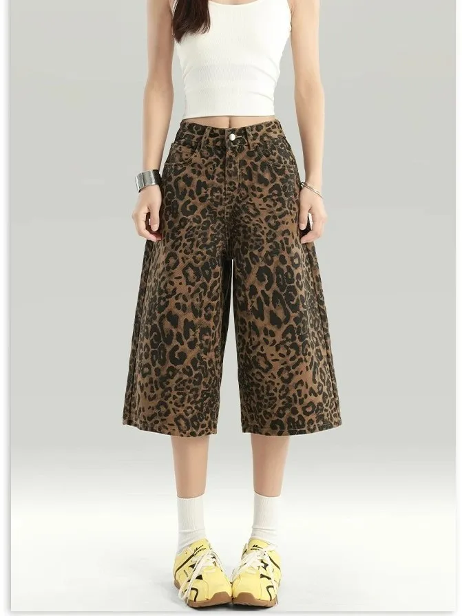 

American Brown Leopard Print High Waist Loose Women's Jeans Capri Pants Summer Design Wide Leg ort Trousers