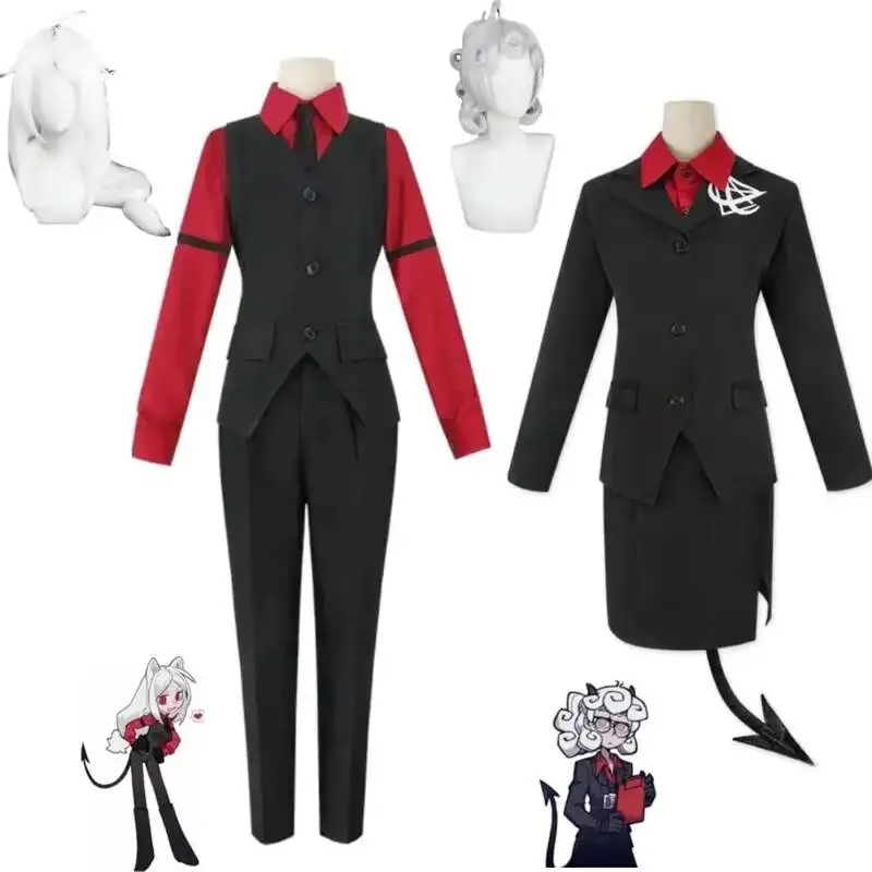 

Anime Game Helltaker Pandemonica Cerberus Helhunter Cosplay Costume Wig JK Dark Red Uniform Woman Sexy Halloween Carnival Suit