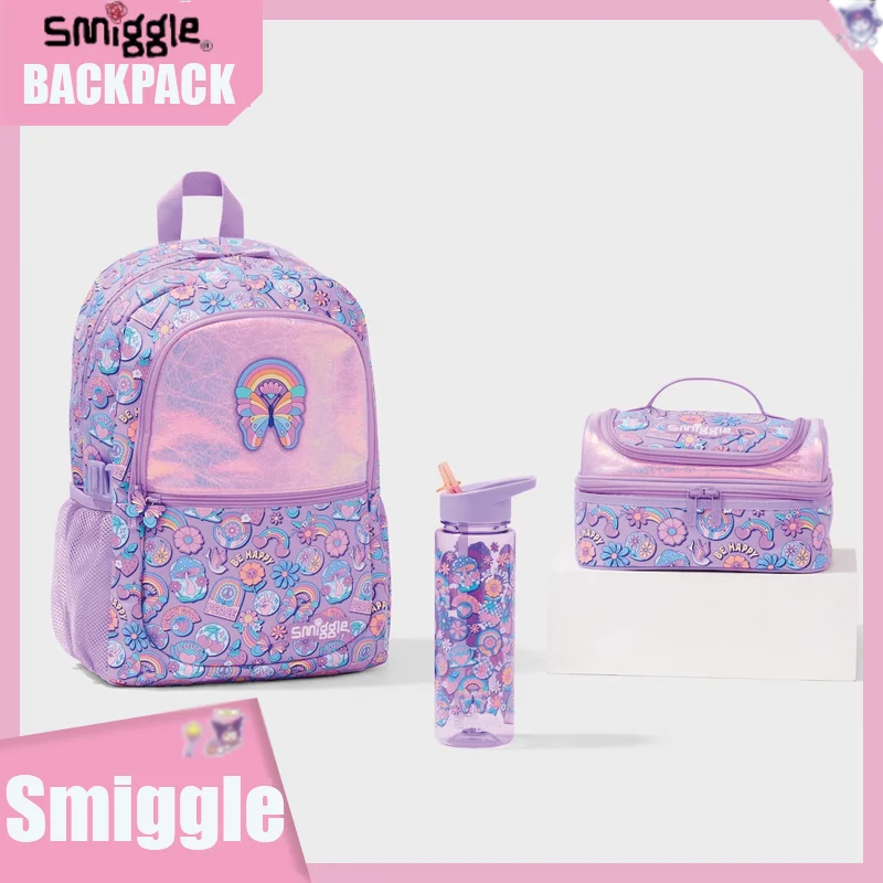 Nova australiana smiggle mochila para estudante leve grande capacidade violeta borboleta dos desenhos animados mochila saco de refeição conjunto de papelaria