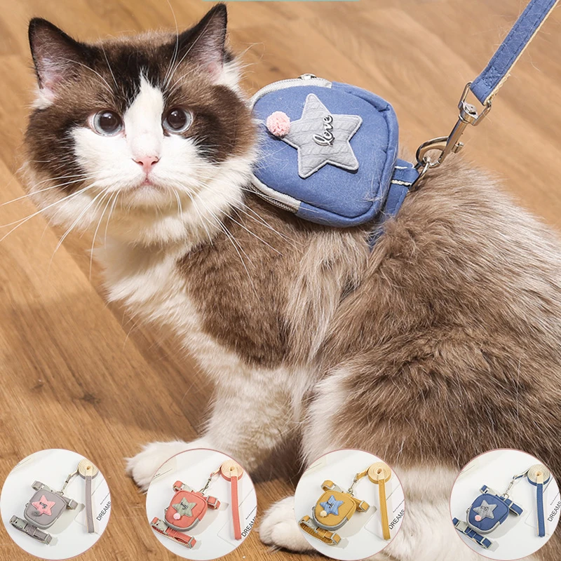 

Cat Harnesses Adjustable Small Dog Harnesses Traction Rope Set Outdoor Walking Breathable Cat Dog Traction Rope Snack Bag Leads