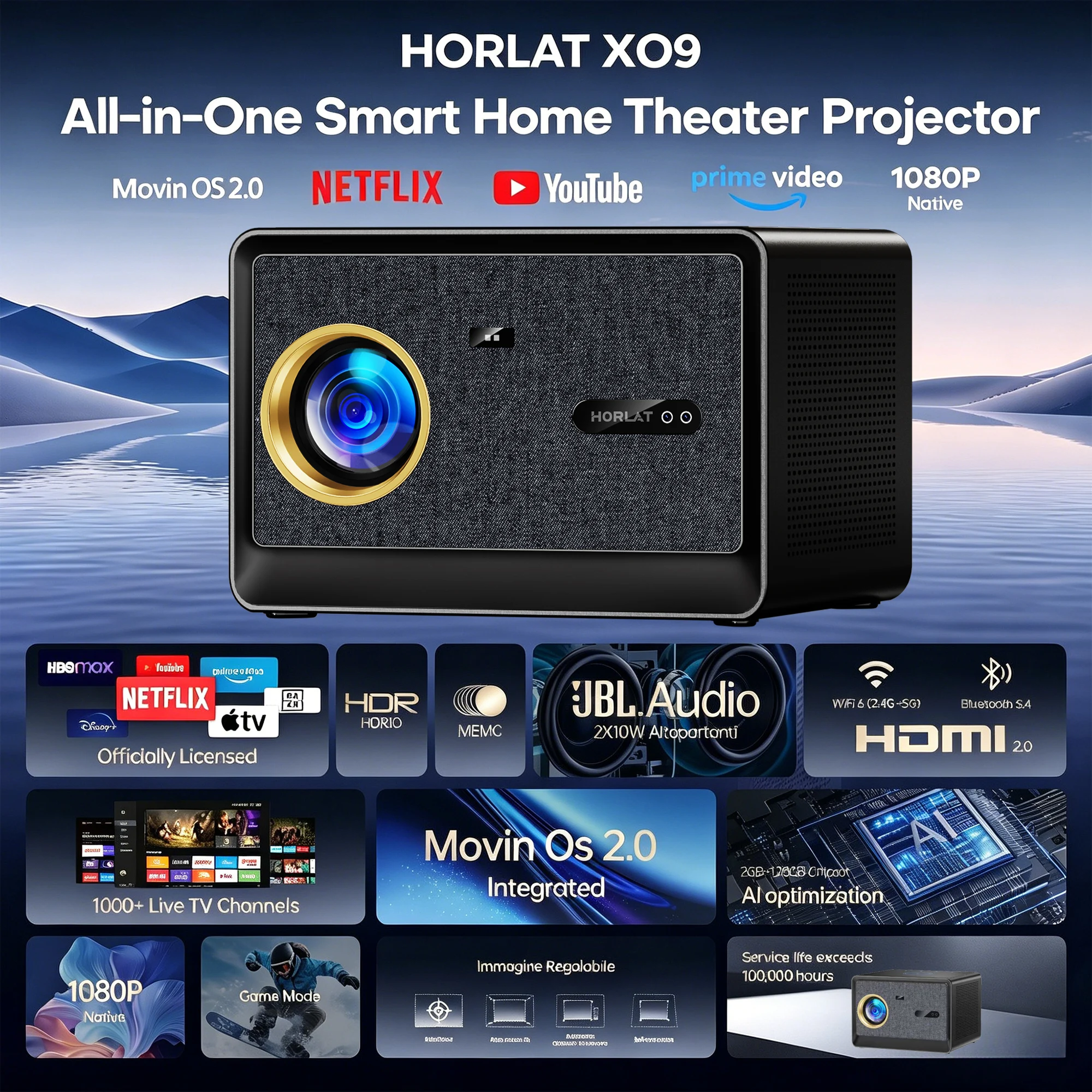 HORLAT 52000 Lumen Ultra HD Projektor 2G 32GB Android 14 Autofokus Smart Google TV Heimkino-Videoprojektor Tageslicht-Projektoren – Detail 1