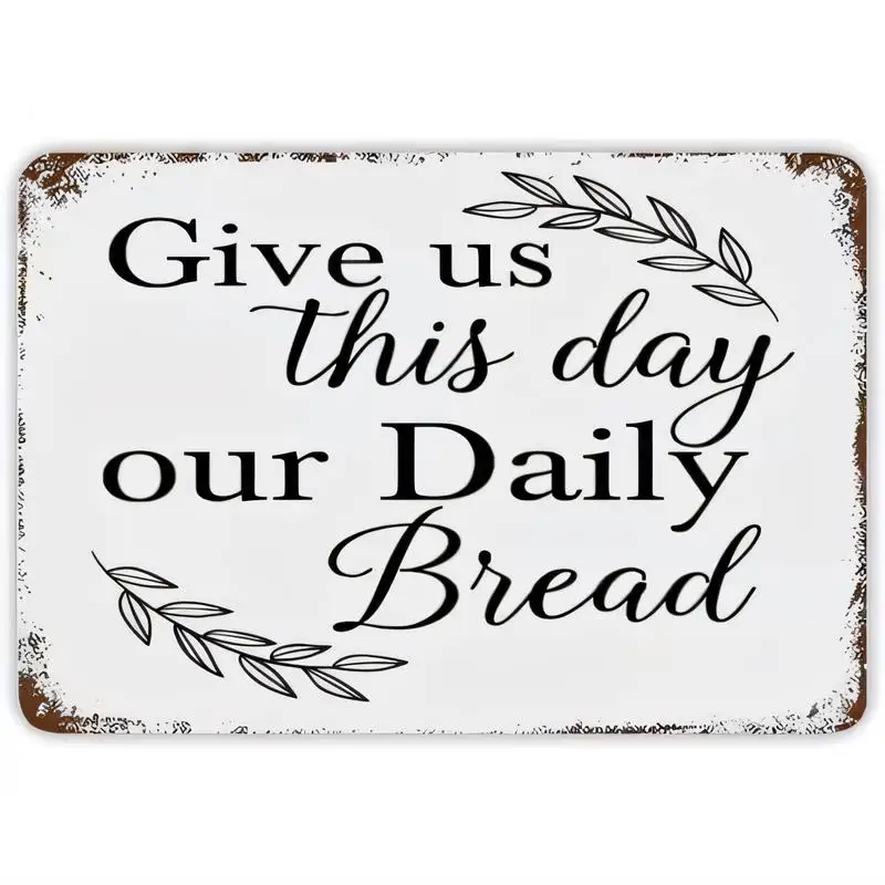 Vintage Give Us This Day Our Daily Bread Metal Sign - Laurel Leaf Design, Rustic White & Brown Iron Wall Art for Kitchen, Farmho