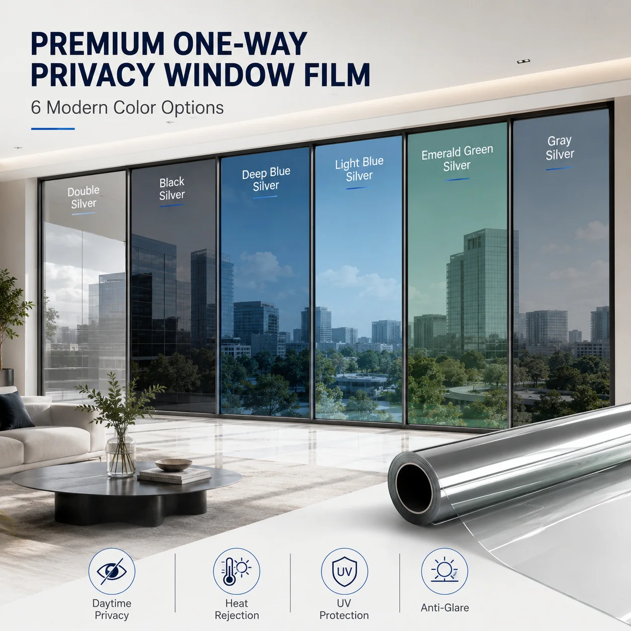 Black Silver Mirror Privacy Window Film Daytime Static Cling Anti Glare Heat Control Removable for Office Retail Glass