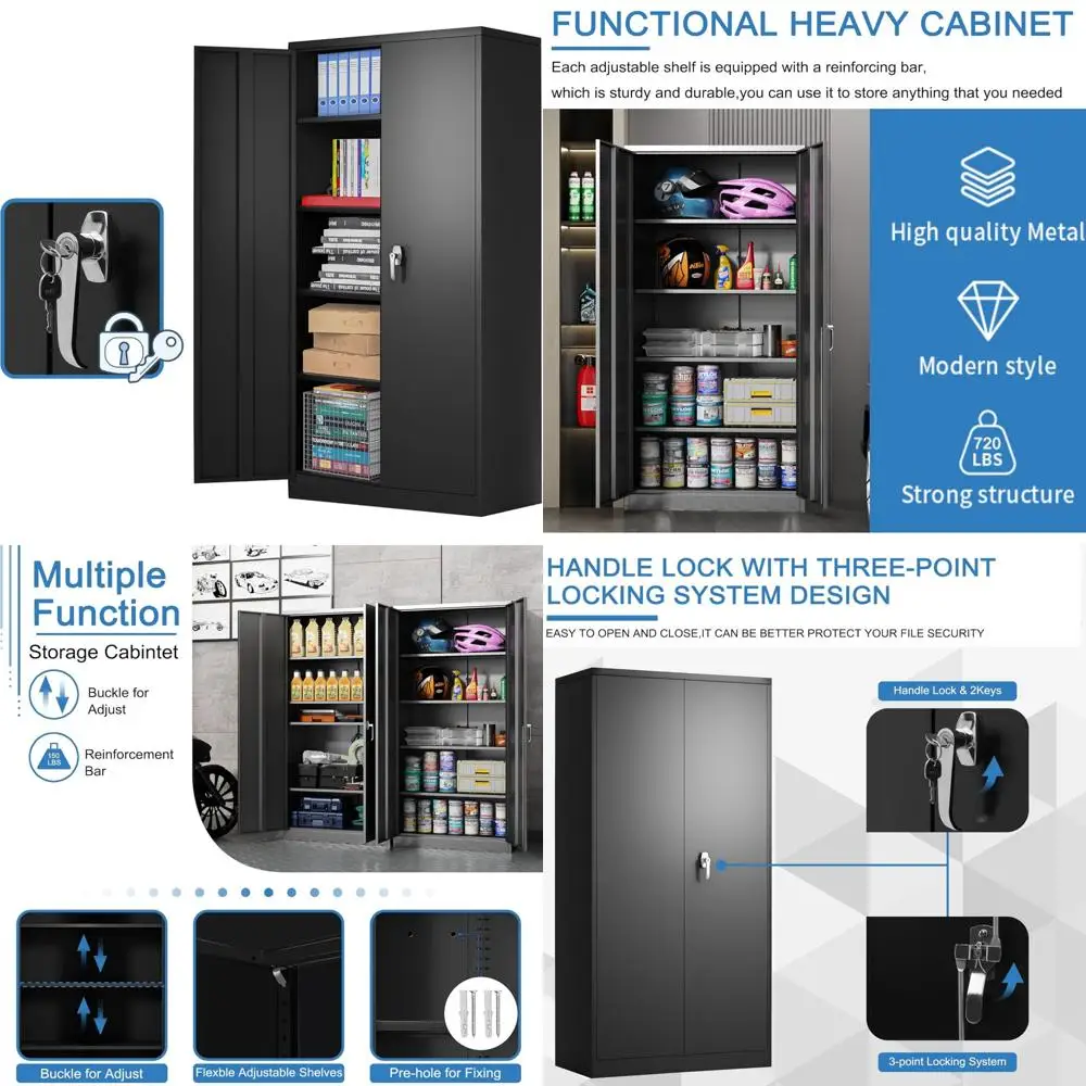 ตู้เก็บเครื่องมือในโรงรถ 71 ซม. สูง 36 ซม. กว้าง 18 ซม. ลึก พร้อมบานประตูและชั้นวาง ตู้เก็บเอกสารเหล็กแบบมีกุญแจสำหรับจัดระเบียบบ้าน