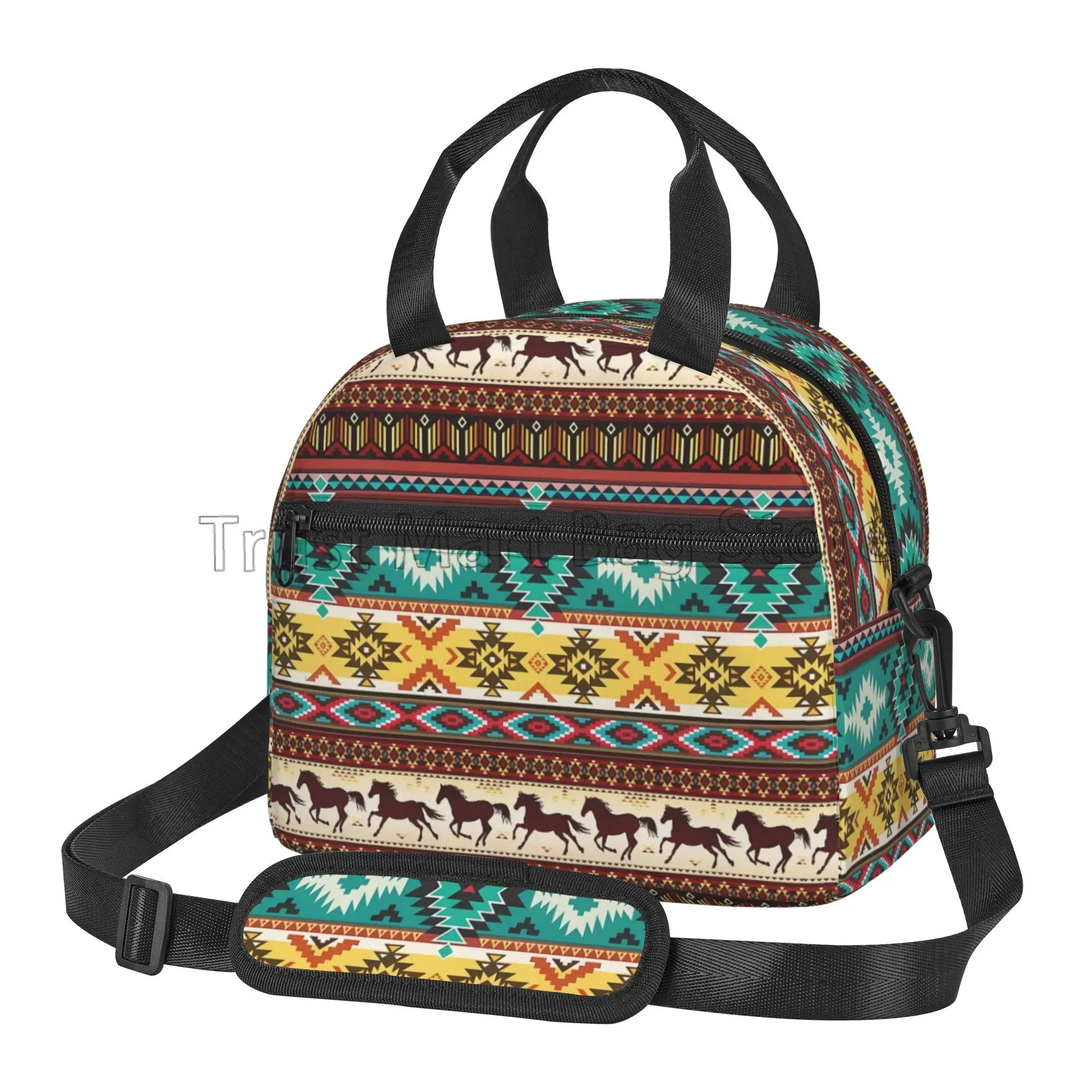 Native Pattern Insulated Lunch Bag Horses Ethnic Geometric Bento Tote Reusable Thermal Lunch Box with Adjustable Shoulder Strap