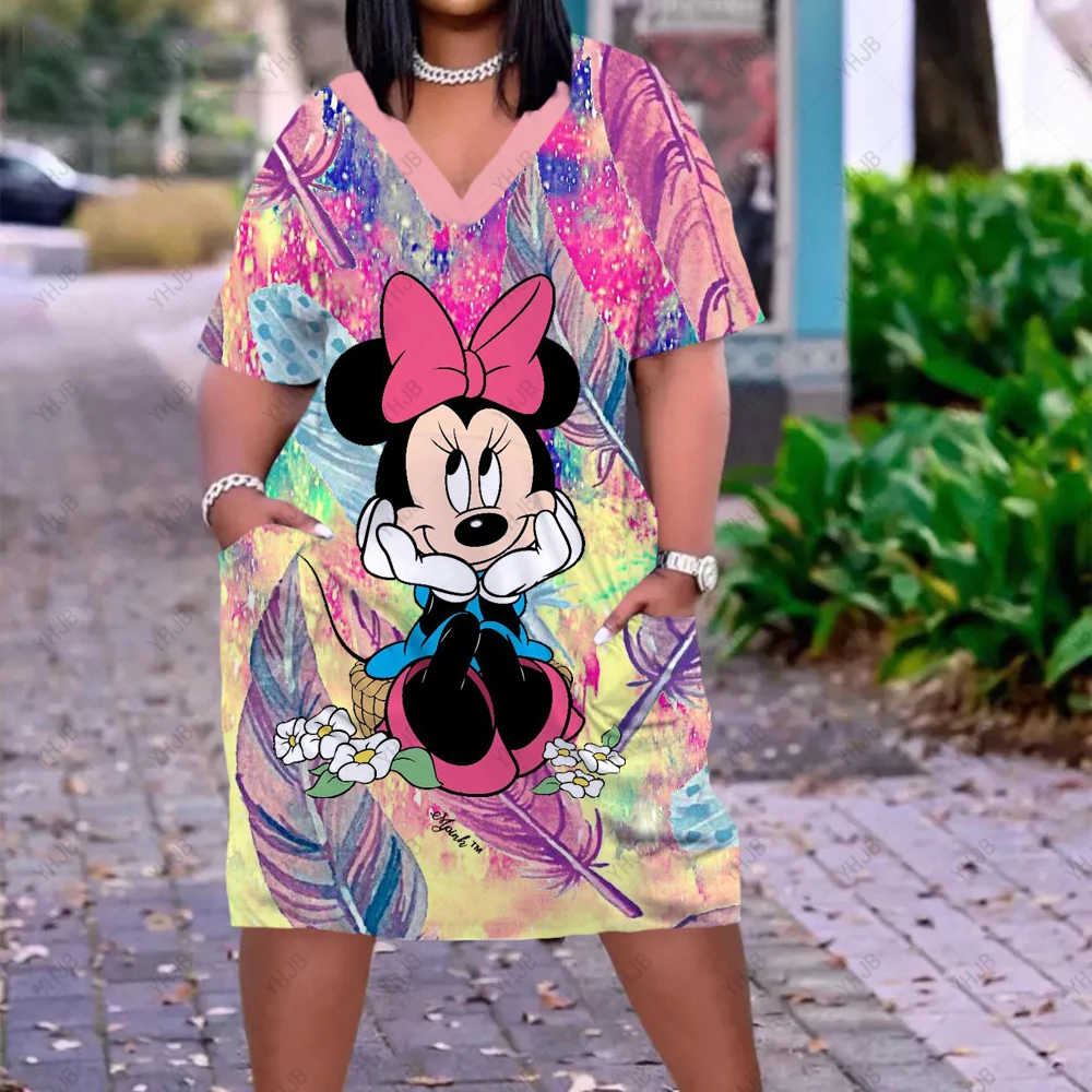 Mickey Midi Dress abito manica lunga Casual Disney Cartoon Print Beach abiti larghi Kawaii prendisole autunno Minnie abbigliamento donna