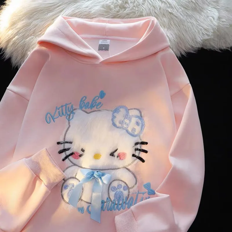 Miniso Hellokitty Y2k Plush Decor Hoodies Kawaii Ears Fleece Hooded Sweatshirt Cute Kitty Loose Pullovers Loose Hoodie For Women