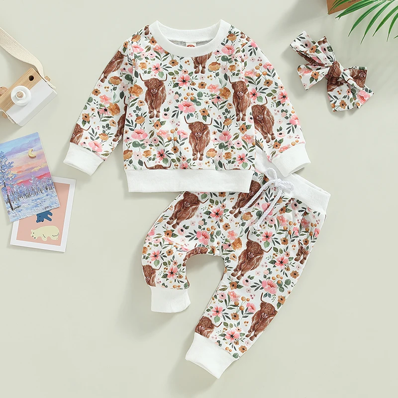 Infant Baby Girl Clothes Set Floral Cow Print Long Sleeve Crew Neck Tops Elastic Waist Long Pants Bow Headband 3Pcs Set