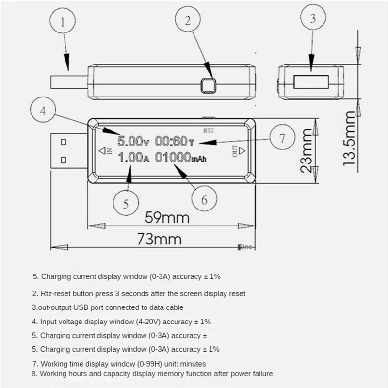 AB45 DC Mobile Power Charging Current Voltage Digital Monitor USB Tester Current 0-3A Voltage 4-20V Tester Dual Meter Display Te