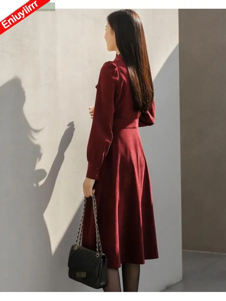 Vestido camisero Retro de Corea para mujer, elegante vestido femenino de manga larga con cordones para oficina