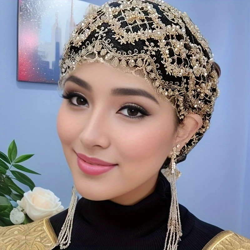 

Handcrafted Lightweight Elegant Embroidered Mesh Tassel Hijab - Double-Layer Scarf Cap for Women