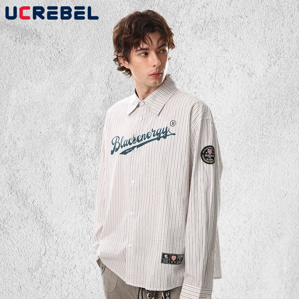 Letter Print Vertical Stripes Long Sleeve Shirts Mens Embroidery Spring Retro High Street Loose Single Breasted Lapel Shirts Man