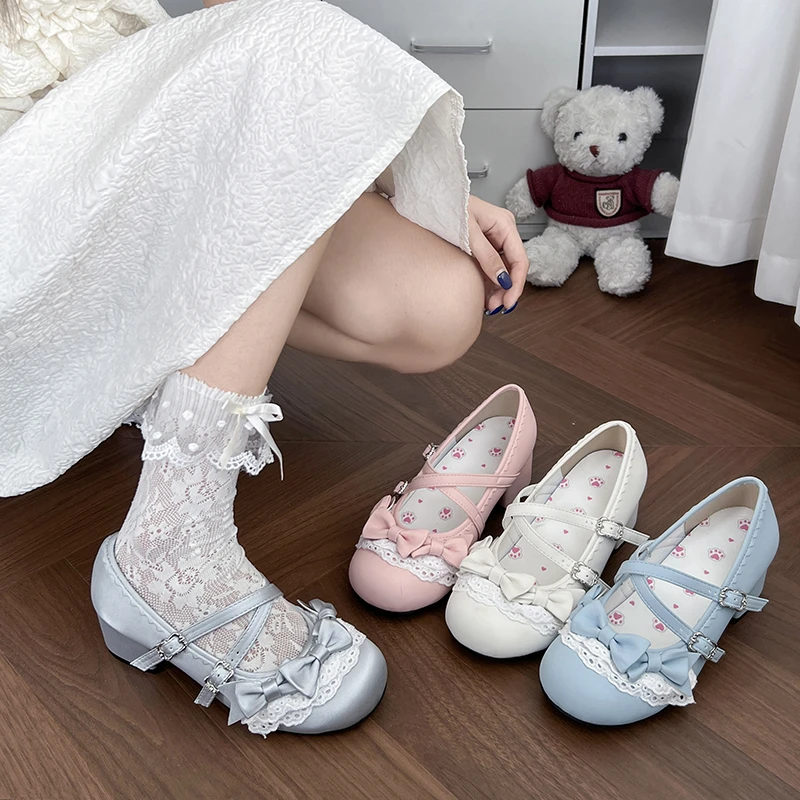 Lolita Cross Strap Pink Round Toe Shoes Ladies Sweet Butterfly Knot Med Heels Mary Janes Shoes Women Fashion Party Shoes Mujer