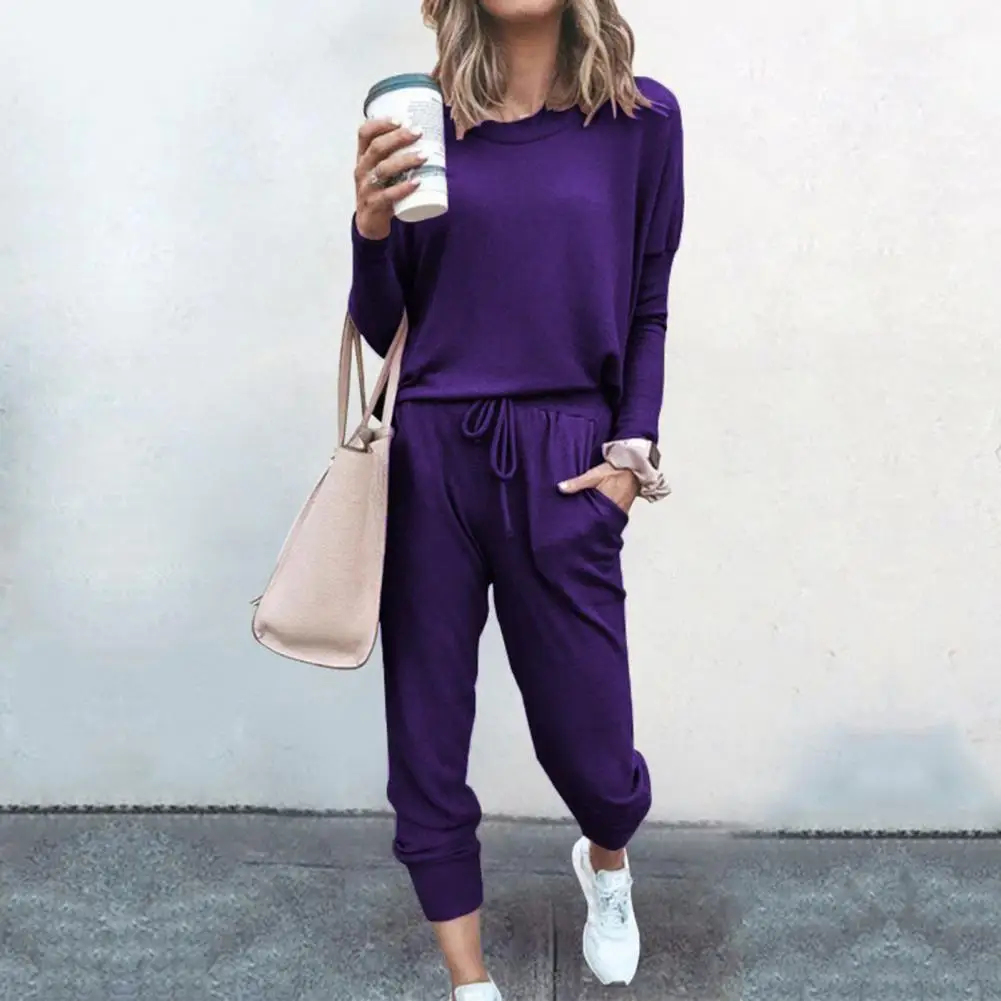 Women Two Piece Pant Sets O Neck Long Sleeve Tops Split Solid Tracksuit Pencil Pants Casual Suits Lady Regular Autumn Winter