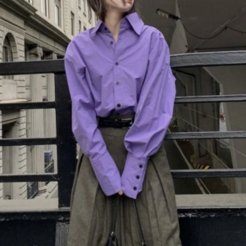 QWEEK Korean Style Purple Shirt Chic Casual Youth Harajuku Women Blouses Loose Solid Color Long Sleeve Button Up Clothes Autumn